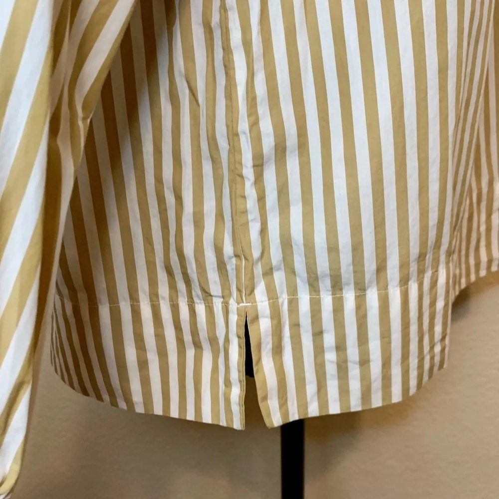 J. Crew ReImagined Popover Top Smocked Cuffs Ruffle Neck Striped Tan White Small